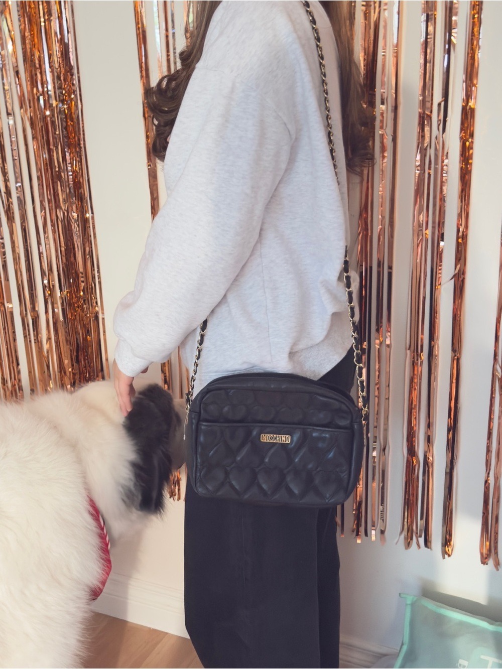 Moschino Black Quilted Heart Crossbody with Gold Chain